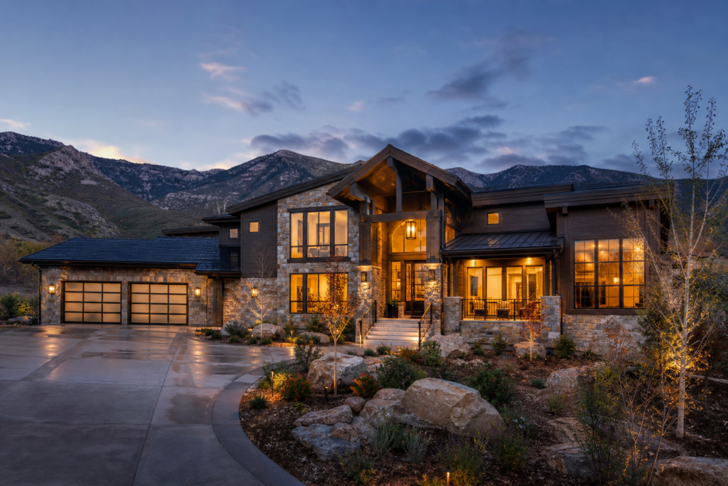 Luxury custom home in Utah foothills at dusk