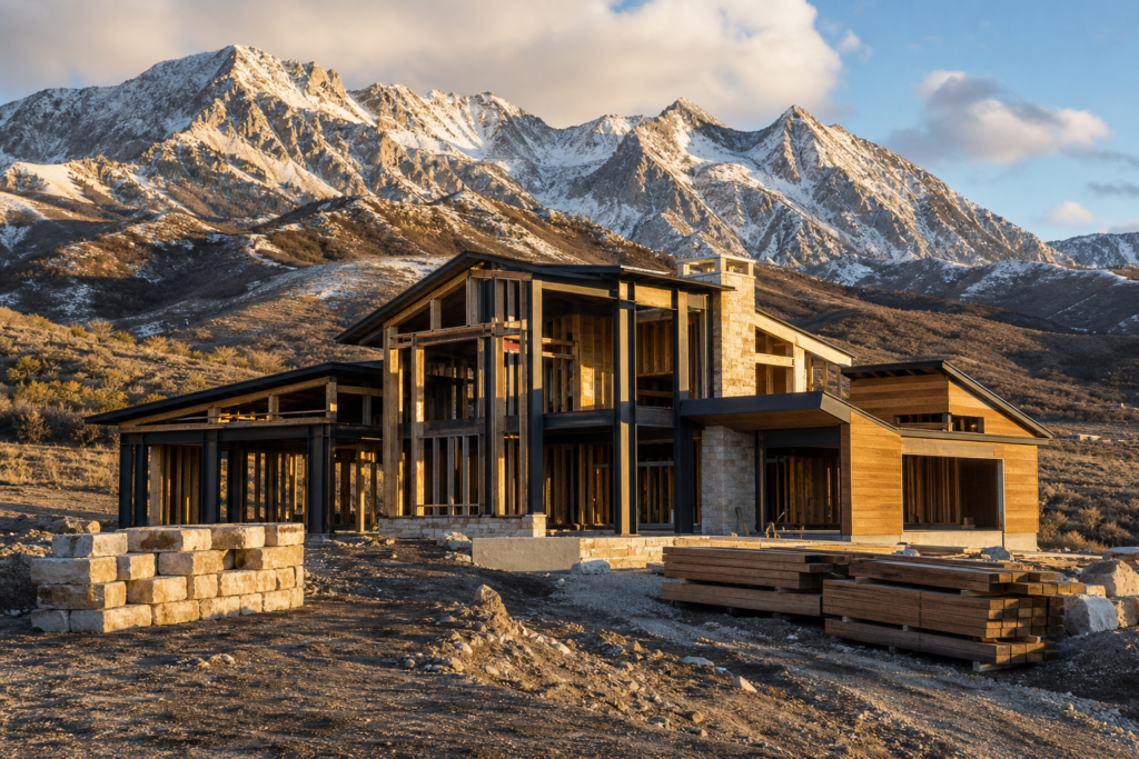 High-end mountain modern custom home under construction below snowy Utah peaks