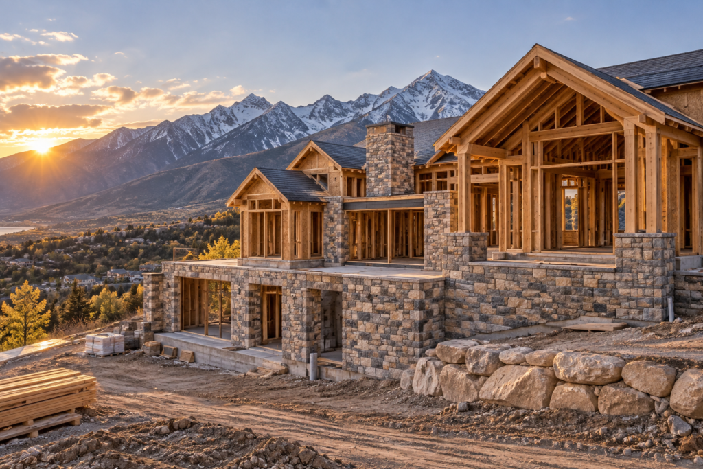 Stone and timber custom home under construction with snow-capped Utah mountains behind