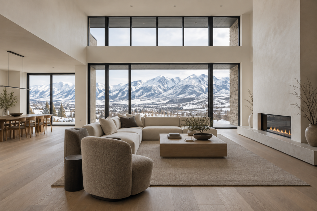 Minimalist luxury living room with tall windows framing Utah mountain views