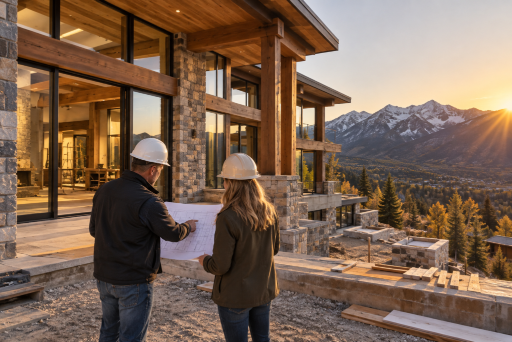 Builder and homeowner reviewing plans at a luxury custom home site in the Utah mountains at sunset